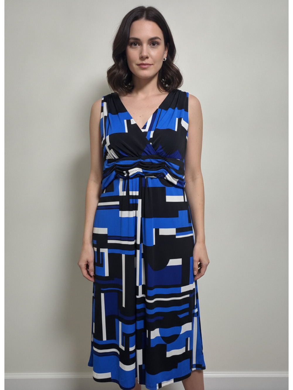 Catherines 2X Plus Size Maxi Dress Blue Black Geometric Sleeveless Ruched Waist